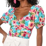 Lulus NWT Hues of You Teal Multi Floral Print Ruched Puff Sleeve Top Size XS Photo 0