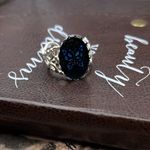 Vintage Glass Blue Butterfly Cabochon Stainless Steel Filigree Adjustable Ring Photo 0
