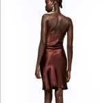 ZARA  SATIN MINI V-NECK DRESS WITH SIDE RUCHING BROWN SIZE XL NEW Photo 4