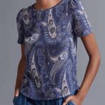 Anthropologie Demeter Blue Paisley Sparkly Puff Short Sleeve Knit Top Size XS Photo 0