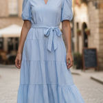 Vintage Charm Chic  Cottagecore Pinstripe Tiered Tie-Waist Midi Dress M Photo 0