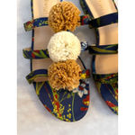 J. McLaughlin  Mandy Floral Pom Pom Sandals Slides Size 8 Leather Blue Raffia‎ Photo 2