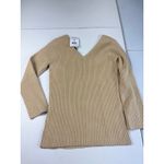 Takeout Bisque V Neck Ribbed Knit Sweater Fitted Long Sleeve Neutral Top Small Tan Photo 5