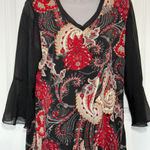 Susan Graver Womens Black Paisley Print V Neck 3/4 Sleeve Top Medium Blouse Work Photo 0