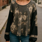 Free People Black Floral Waffle Knit Top XS Boho Streetwear Slouchy Long Sleeve Photo 0