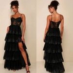 Lulus Alluring Sensation Black Tulle Embroidered Tiered Maxi Dress Size XL Photo 1