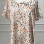 Vintage 70s Peasant Style Short Sleeve Top Keyhole Tie Floral Birds Brown Orange Size L Photo 0