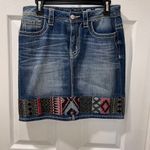 Miss Me  Denim Mini Skirt with Southwestern Aztec Embroidered Border‎ Detail Photo 1