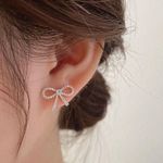 Elegant Bow White Pearl Dangle Drop Earrings for Women Gold Photo 2
