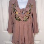 Altar'd State Altar’s State Dusty Rose Floral Embroidered 3/4 Bell Sleeve Romper Photo 0