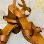 Sophia Milano Brown Italian Leather SZ39 US 8.5 Wooden Block Heel Sandals Photo 2