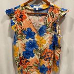 Nine West Cute tropical floral linen blend ruffle sleeve chunky button blouse Photo 8