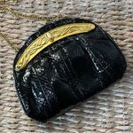 Vintage 80s, Black Snake Skin Shoulder clutch Bag Purse Gold Accents Crystals Photo 0