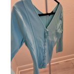 Cyrus Ribbed Light Aqua Teal 3/4 Sleeve Corset Lace Up Size M Womens Y2K Top Photo 4