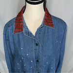 Tantrums • Christmas Embroidered Jean Jacket Christmas Trees Snow Plaid 1x Blue Photo 1