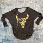 Chaser Charcoal Gray Floral Skull Bull Bison Long Sleeve Cowl Back Medium Photo 2