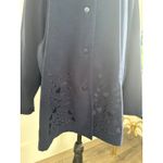 Jane Ashley  Navy Blue Button Down Tunic‎ Top Long Sleeve Laser Cut Details Photo 1
