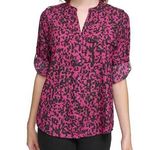 Calvin Klein Geometric Long Sleeve Button Down Blouse Crepe Fuchsia NWOT Medium Photo 0