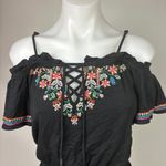 American Eagle  Black Floral Print Embroidered Boho Cold Shoulder Ruffle Romper Photo 3