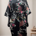 Black Satin Floral Peacock Kimono Robe Belted One Size Singapore Photo 0