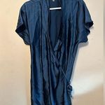 AYR Wrap Robe Dress Teal Satin Tie Waist Collar Short Sleeve Mini Size Small Photo 0