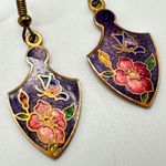 Vintage Cloisonne Dangle Earrings Purple Floral Shield Shaped Oriental Butterfly Gold Photo 1
