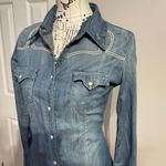 True Religion Vintage Y2k Western Cowgirl Chambray Jean shirt raw distressed Embroidered Fit Flare casual Dress Photo 1