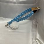 Handmade  Blue and White Polka Dot Wristlet Keychain with White Pompom Photo 2