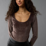 American Eagle Velvet Bodysuit Top Size Large‎ Scoop Neck Long Sleeve Brown Photo 0