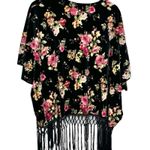 Bohemian Velvet Floral Kimono Coverup Fringe Trim Black Pink Size Medium Photo 2