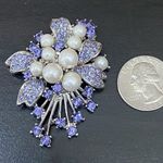Vintage Unsigned Purple Lavender Rhinestones Pearl Flower Brooch Photo 5