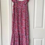 ZARA  Red Blue Floral Ruffle Shoulder Crepe Midi Tunic Prairie Dress Medium Photo 14
