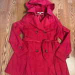 DKNY Womens Red Belted Lined Removable Hood Trench Coat, Petite Medium Photo 0