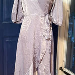 Flounce London puff sleeve maxi wrap dress in light blue satin. Size 8 NWT Photo 0