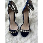 Qupid Heels woman's size 8 Blue Velvet Ankle Strap with Pearl Accents Photo 4