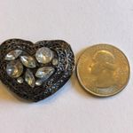 Vintage Signed JK Dark Gunmetal Gray Heart & Clear Gemstone Brooch Shoulder Pin Photo 3