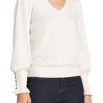 Ralph Lauren Lauren  Button Cuff Sweater Women’s Large Ivory V-Neck Knit Cotton Photo 0