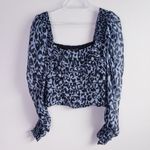 ZARA  Blue Ruffled Smocked Long Sleeve Cheetah Print Blouse Photo 1