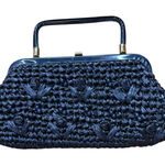 Vintage Navy Blue Straw Woven Kiss Lock Handbag Lucite Style Handle Small Black Photo 0