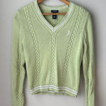 IZOD  Vintage Green + White V Neck Cable Knit Long Sleeve Sweater Photo 0