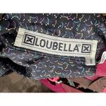 Button Down blouse abstract pattern black blue purple yellow kitten bow Size M Photo 8