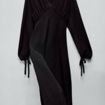 ZARA black ruched v neck puff sleeve tie cuff long flowy maxi ankle length dress Photo 3