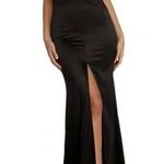 A. Peach Shiny Thick Stretchy Satin Plunge Front Slit Bodycon Maxi Gown Dress S Black Photo 0