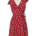 Anthropologie  Maeve Red Floral Dress ruffle wrap sz 10 M Photo 0