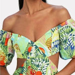 STAUD Coliseum Off-The-Shoulder Linen Tropical Print Dress Size 8 Photo 3