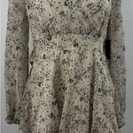 Japna  Beige Floral Metallic Ruffle Tiered Long Sleeve V-Neck Mini Dress Size M Photo 0