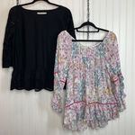 Loft Black Ruffled Peasant Blouse & FEVER Floral Bell Sleeve Top Bundle Size L Photo 0
