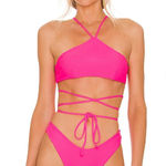 Lovers + Friends  Hot Pink Wrap Bikini Set Halter Top Small High Bottoms Medium Photo 0