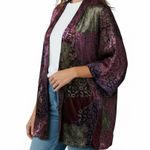 Velvet Burnout Kimono Jacket Size Medium Open Front Purple Green Patchwork Boho Photo 0