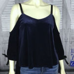 Romeo + Juliet Couture  Midnight Blue Velvet Cold Shoulder Blouse Photo 0